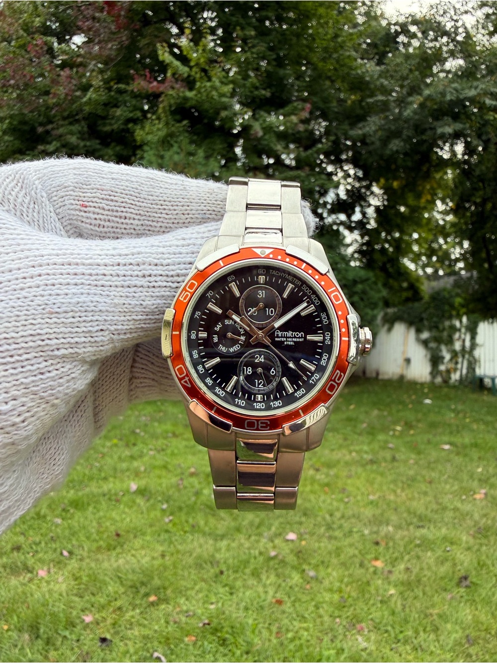 Armitron Men’s Multi-Function Orange Bezel Stainless Steel Watch 20/4677SV 6P27